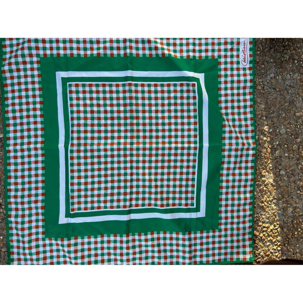 Christian Scarf Womens OS Green Gingham Check Vintage Square Neck Hair Wrap Good